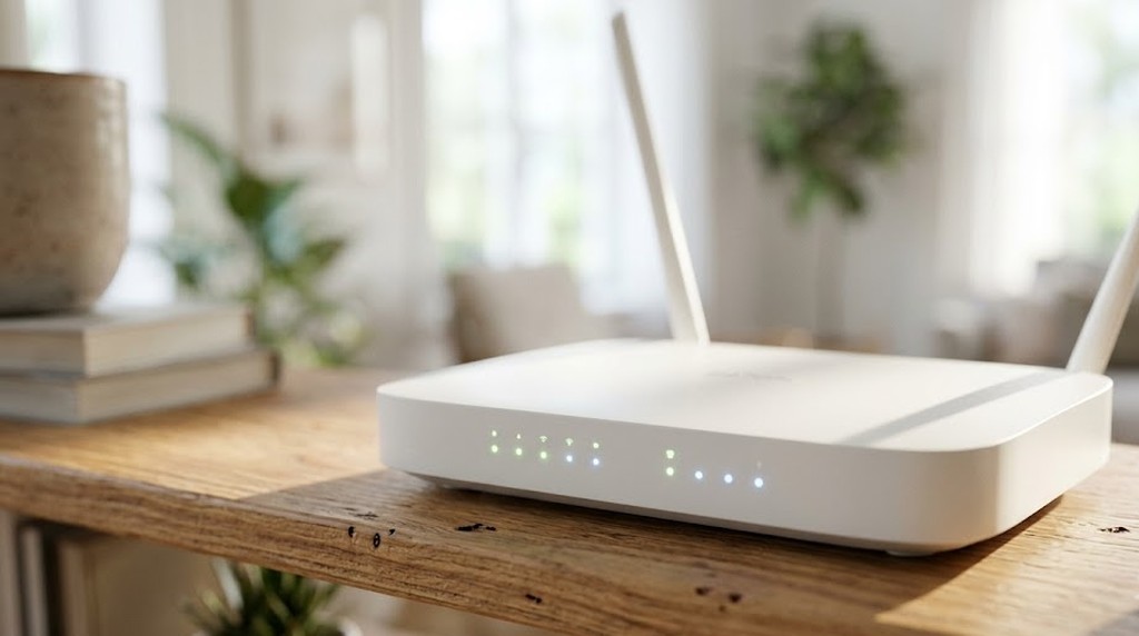 Белый Wi-Fi роутер с горящими индикаторами на полке в комнате