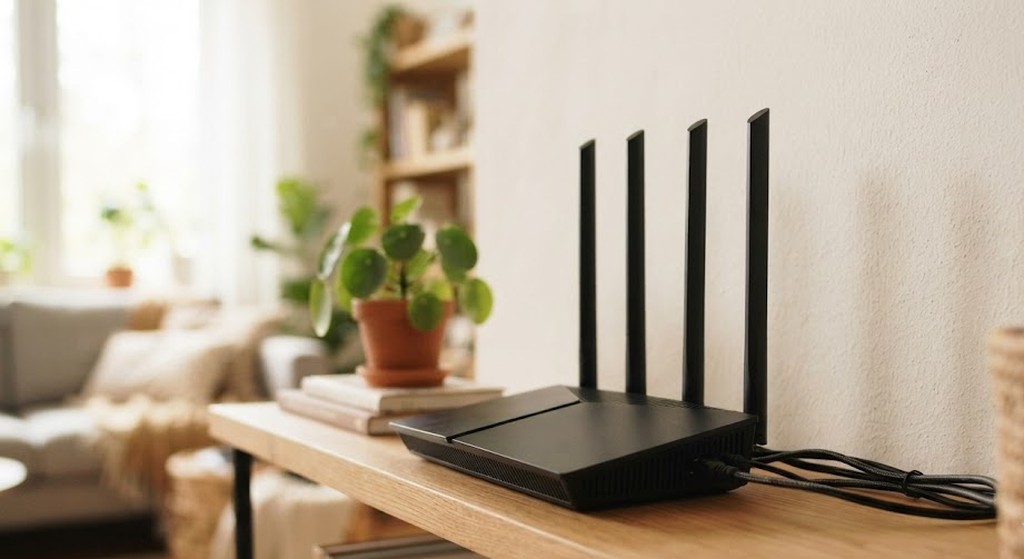 Современный Wi-Fi роутер с антеннами на полке в гостиной