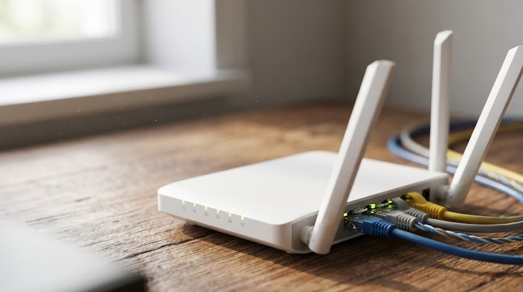 Wi-Fi роутер с подключёнными сетевыми кабелями на столе